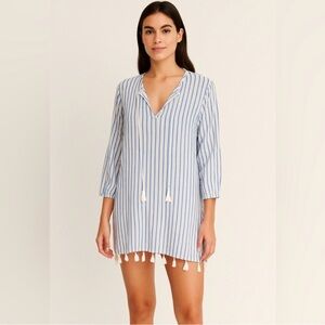 Rachel Zoe Striped Swimsuit Cover Up w/ Fringe Tassels L Blue White